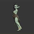 Green Skinned Black Haired Glasses Wearing Elf Holding Wooden Staff In Apron With Ankle Cuffs